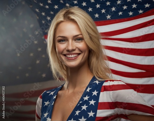 Young blonde woman face portrait with the USA flag make up celebrating Independence Day 