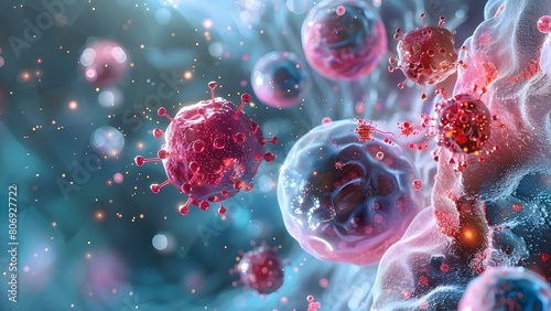 Visualization of Nanoparticles Engaging with and Eliminating Cancer Cells within a Tumor. Concept Nanoparticles, Cancer Cells, Tumor, Visualization, Biomedical Imaging photo