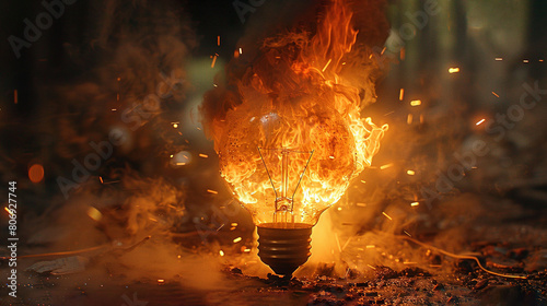   A burning light bulb rests atop a rubble mound beside a heap of fire retardants photo