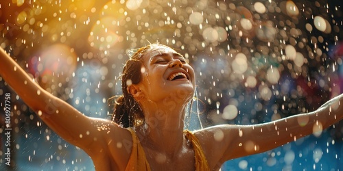 Woman Radiates Joy amidst the Showers, Womans Happiness Flourishes in the Rain, Rainy Day Revel