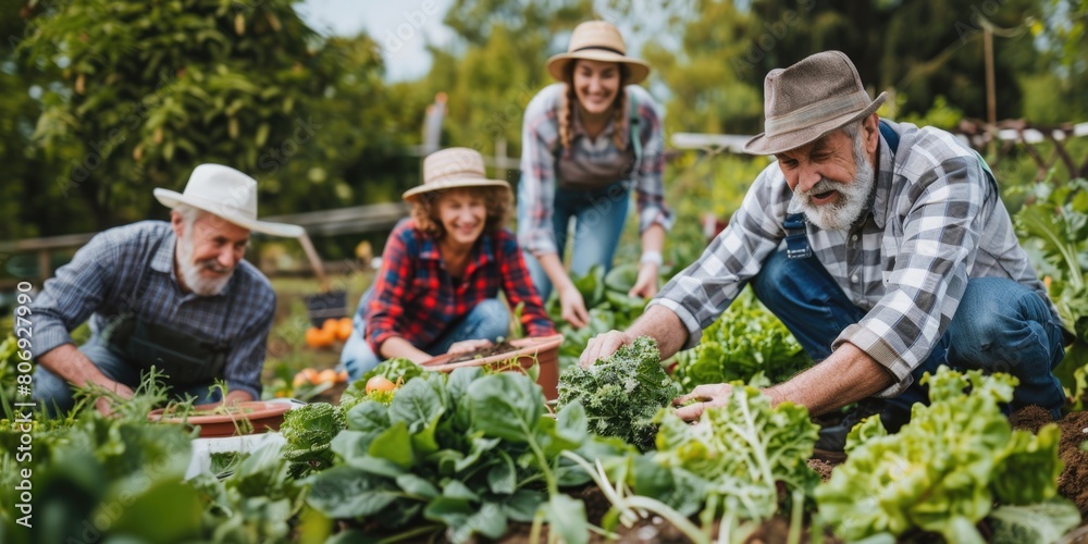 Happy people of all ages working in the vegetable garden. Parents and children tend the garden together. Organic gardening