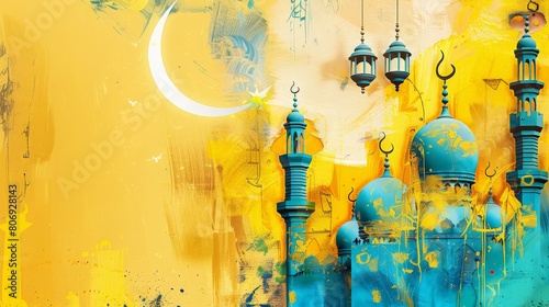 Dynamic and colorful abstract painting featuring minarets and traditional lanterns under a stylized crescent moon, capturing the essence of Islamic culture and celebration. photo