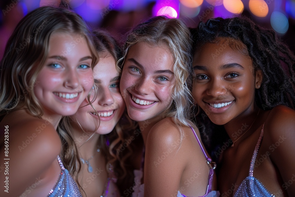 Under the disco ball's glow, a group of multicultural young women dance the night away, smiles infectious. Under the disco ball's glow, a group of multicultural young women dance the night away, smiles infectious.