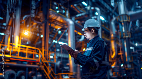 An Asian engineer in safety gear checks a tablet inside an illuminated industrial plant.