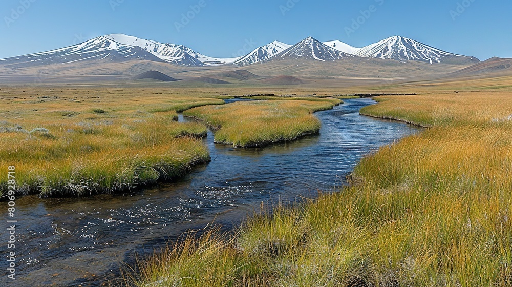   A lush green field adjoins a snow-covered mountain under a blue sky with a flowing stream nearby