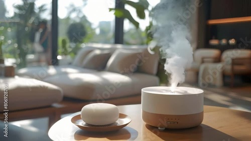 Enhance home air quality with modern humidifier diffuser for aromatherapy benefits. Concept Home Air Quality, Modern Humidifier, Diffuser, Aromatherapy Benefits photo
