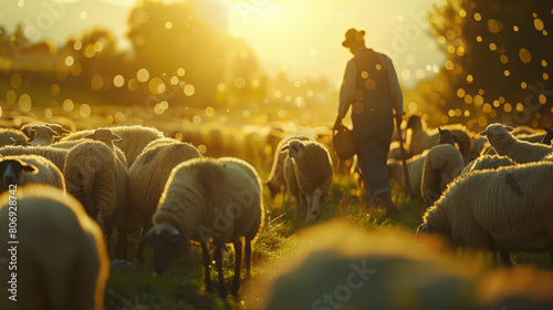 A farmer herding a flock of sheep through a sunlit field during golden hour.