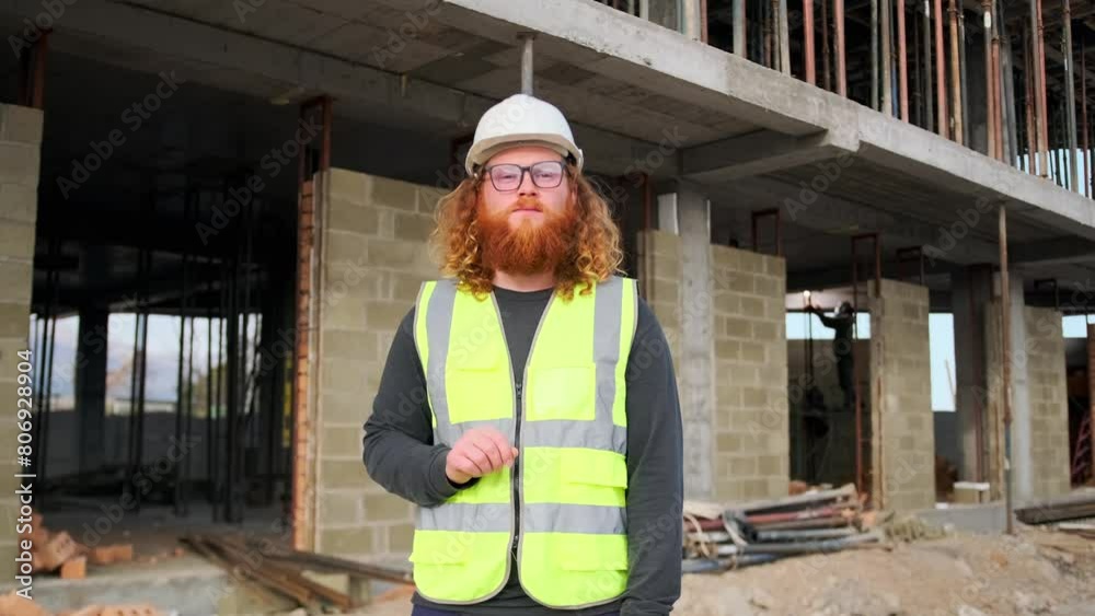 Smart civil engineer presses his finger virtual button while standing against the background of a construction site in a vest and a protective helmet. Smart civil engineer presses his finger virtual button while standing against the background of a construction site in a vest and a protective helmet.