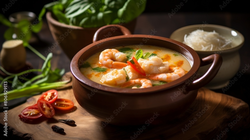 Tom Yam ,Prawn and lemon soup with mushrooms, thai food in wooden bowl. Ai generative.