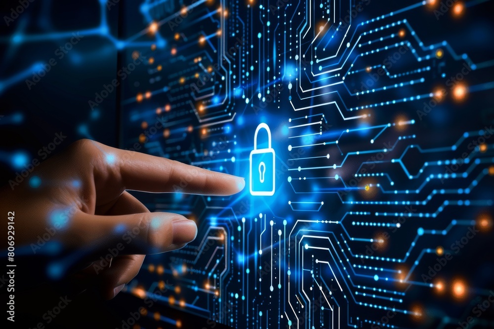 Fototapeta premium Secure digital platform audit for tablet with lock protection, enhancing data encryption and cybersecurity policy against hacker syntax breaches.