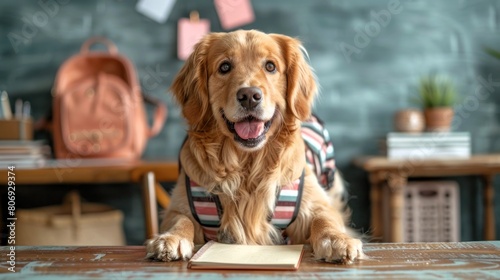 In the classroom, a fluffy golden retriever sits on a desk, looking fashionable. Funny animals go back to school