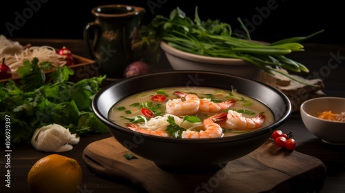 Tom Yam ,Prawn and lemon soup with mushrooms, thai food in wooden bowl. Ai generative.