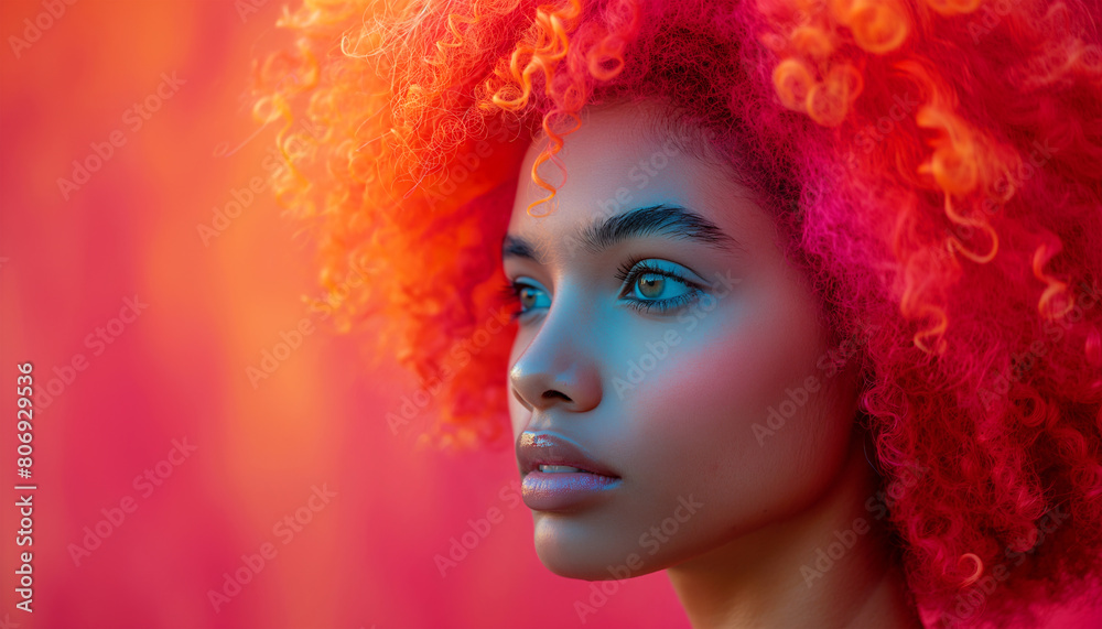 High detailed portrait of young african american female with Dyed Multi Colors Hair hairstyle and brighty make-up on vibrant Red wall. Modern teens expressional serene outlook