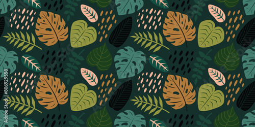 Seamless pattern with Tropical leaves. Abstract exotic foliage background. Modern exotic jungle plants, Monstera, banana tree. Flat Vector illustration 
