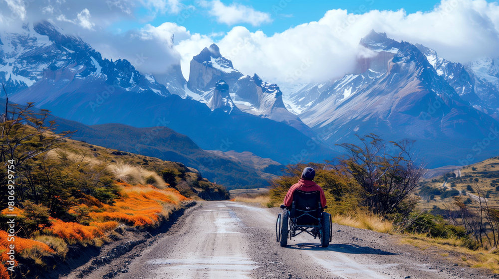 A person in a wheelchair enjoys a scenic mountain road surrounded by colorful foliage.