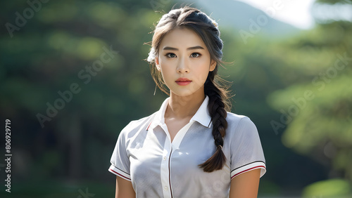 Braided Beauty: Asian Girl in a Dress, Stylish Elegance: Asian Girl's Braided Hair, Chic Braided Hairstyle: Lovely Girl in a Dress, Graceful Glamour: Braided Hair on Asian Girl