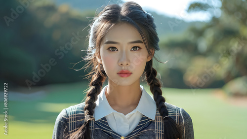 Braided Beauty: Asian Girl in a Dress, Stylish Elegance: Asian Girl's Braided Hair, Chic Braided Hairstyle: Lovely Girl in a Dress, Graceful Glamour: Braided Hair on Asian Girl