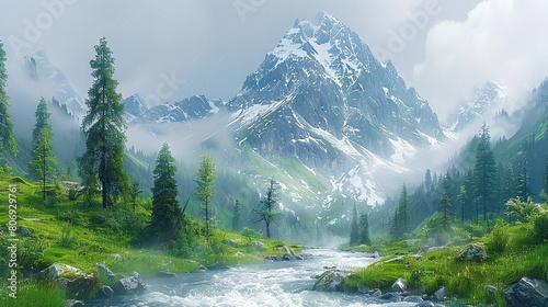  A stunning depiction of a mountainous landscape with a meandering stream prominently featured in the foreground and majestic pine trees framing the distant horizon photo