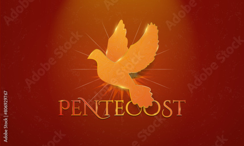 Gold and Red Symbolic Pentecost Sunday Greeting Art Banner. Gold artistic Dove Icon with glowing golden edges. Pentecost typography art on red background. Vector Illustration.
