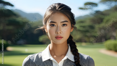 Braided Beauty: Asian Girl in a Dress, Stylish Elegance: Asian Girl's Braided Hair, Chic Braided Hairstyle: Lovely Girl in a Dress, Graceful Glamour: Braided Hair on Asian Girl