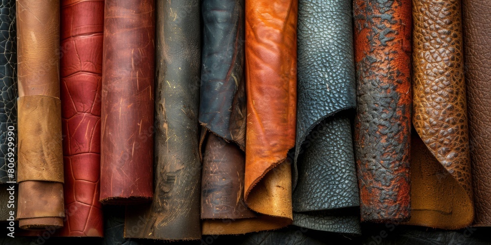 A selection of colorful, finely crafted leather rolls arranged neatly, showcasing various textures and hues. A selection of colorful, finely crafted leather rolls arranged neatly, showcasing various textures and hues.