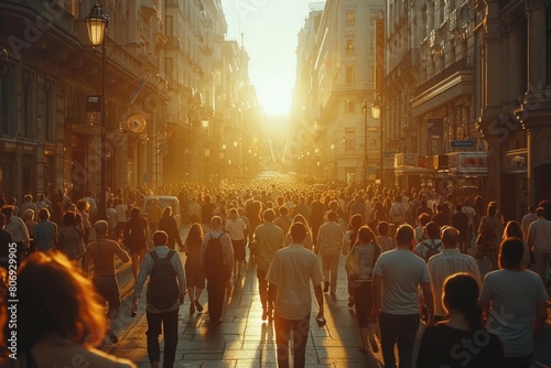 Crowd of pedestrians wandering down city street at sunset in metropolis