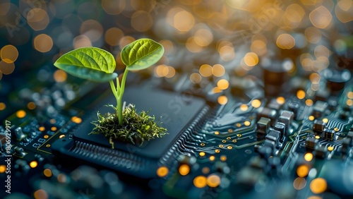 Digital Ecosystem: Glowing Plant on Computer Chip with Blurred Background. Concept Digital Ecosystem, Glowing Plant, Computer Chip, Blurred Background