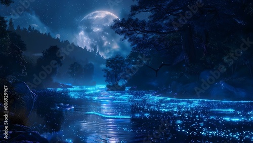 Digitally created artwork of a magical night river with bioluminescent water. Concept Fantasy Art, Magical River, Bioluminescent Water, Night Scene, Digital Illustration
