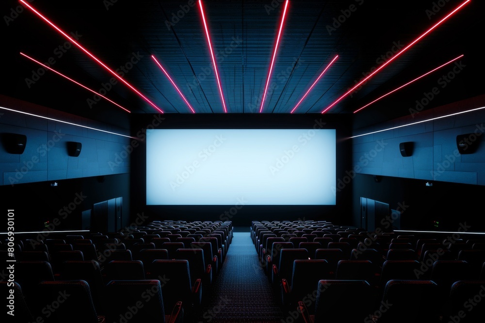 Obraz premium A spacious cinema hall with vibrant red seats and neon lighting, featuring a large blank screen ready for a movie projection.