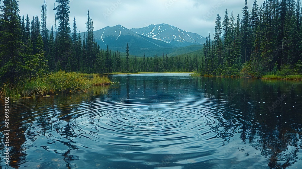   In a forest surrounded by mountains, there lies a serene lake in the center