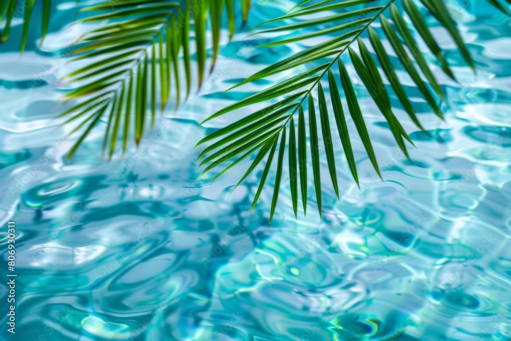 Sunlight dancing on tranquil pool waters with palm frond overhead