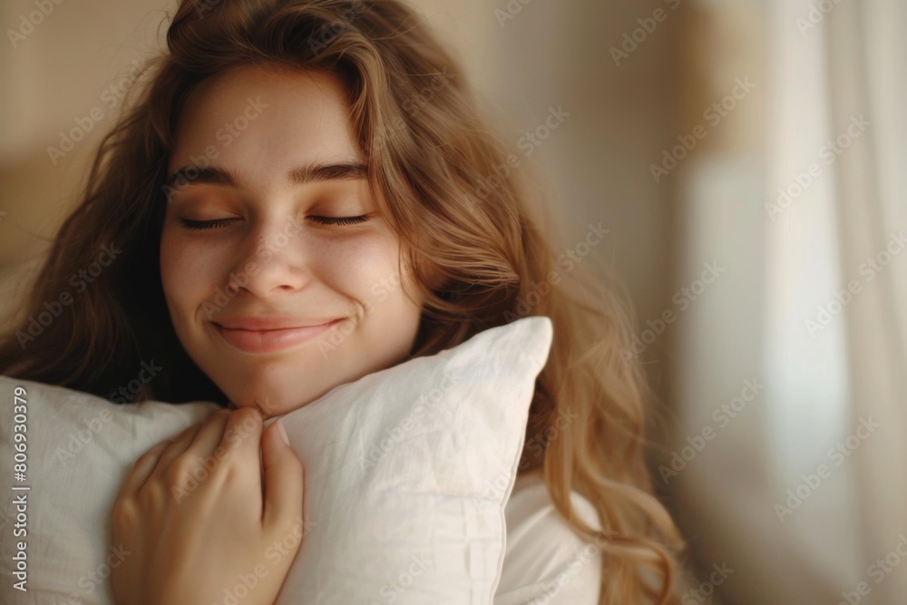 A serene young woman with her eyes gently closed, as a contented smile graces her face, cozily resting on a soft pillow. A serene young woman with her eyes gently closed, as a contented smile graces her face, cozily resting on a soft pillow.