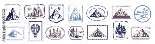 Camping set, Mountain landscape, hand drawn style, vector illustration. © Tatiana