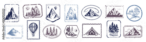 Camping set, Mountain landscape, hand drawn style, vector illustration.