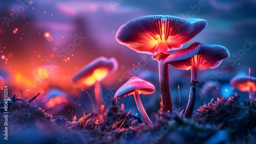 Field at dawn filled with illuminated neon mushrooms for a psychedelic journey. Concept Fantasy, Nature, Neon, Psychedelic, Dawn
