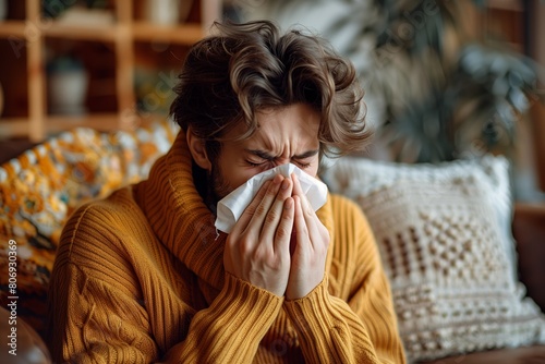 A man sitting on a couch is seen blowing his nose into a handkerchief, likely due to a cold or runny nose. He appears to be dealing with the discomfort of the flu and seeking relief