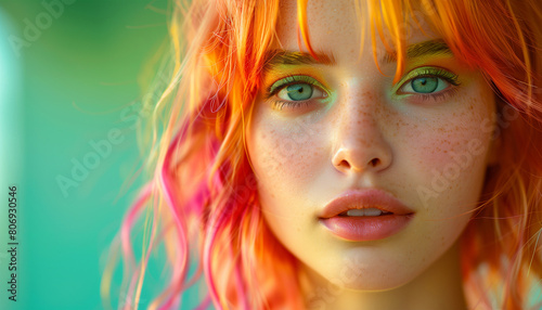 High detailed close up portrait of young female with Dyed Multi Colors Hair hairstyle and brighty make-up on vibrant Green wall. Modern teens expressional serene outlook with individuality accent. photo