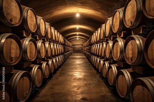 Large wine cellar with long rows of wooden barrels for storing wine  whiskey  beer. An ancient warehouse under castle.