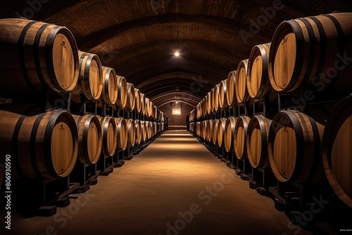 Large wine cellar with long rows of wooden barrels for storing wine, whiskey, beer. An ancient warehouse under castle.