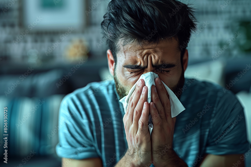 Allergy, illness, cold or virus concept. A man is blowing his nose with a napkin, likely due to a cold or runny nose, in a simple and everyday action Allergy, illness, cold or virus concept. A man is blowing his nose with a napkin, likely due to a cold or runny nose, in a simple and everyday action