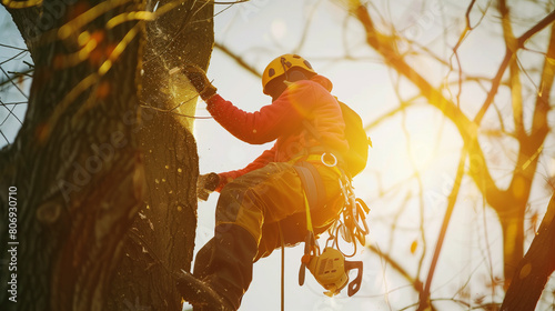 A tree surgeon wearing safety gear works on pruning a large tree, illuminated by bright sunlight. photo