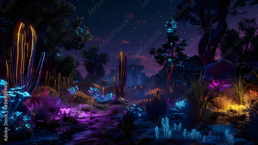 Nighttime futuristic ecosystem with bioluminescent plants and neon creatures thriving in wilderness. Concept Futuristic Ecosystem, Bioluminescent Plants, Neon Creatures, Nighttime Wilderness Nighttime futuristic ecosystem with bioluminescent plants and neon creatures thriving in wilderness. Concept Futuristic Ecosystem, Bioluminescent Plants, Neon Creatures, Nighttime Wilderness