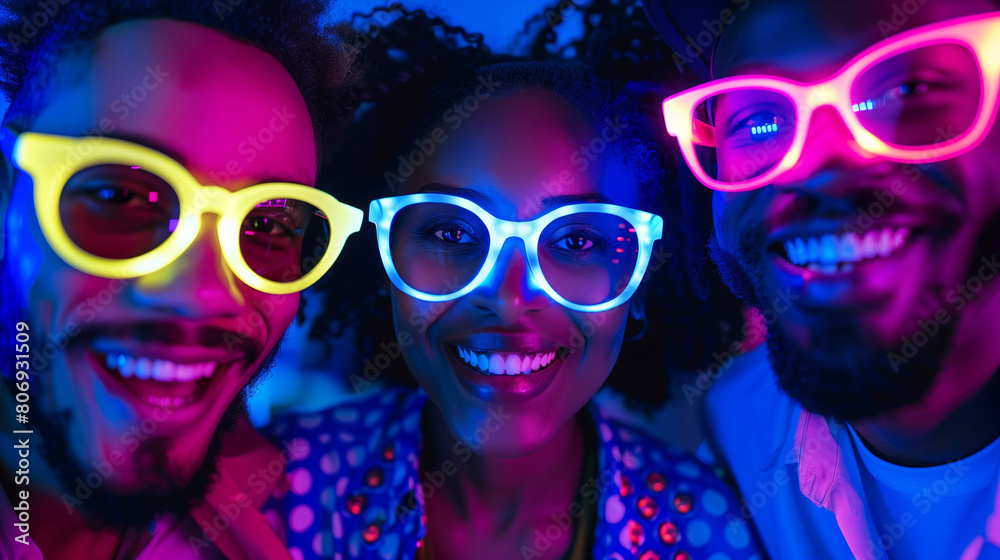 A group of people wearing neon colored glasses are smiling and posing for a picture. Scene is fun. Ethnically diverse happy smiling business people in glowing color glasses looking at the camera.
