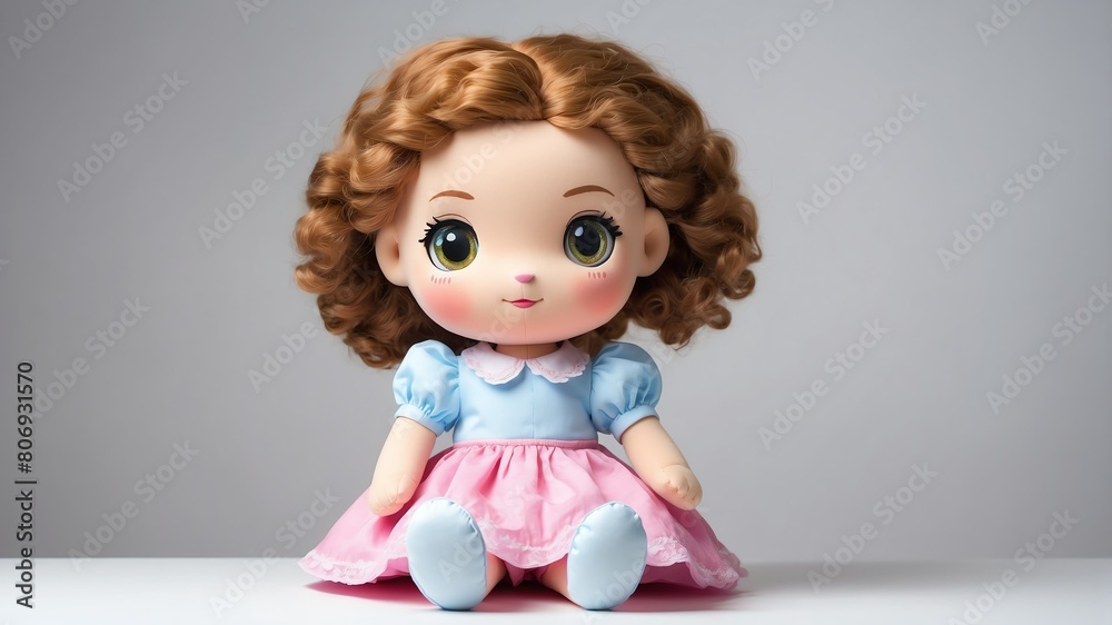 Fototapeta premium girl plush doll stuffed toy studio portrait on plain white background from Generative AI