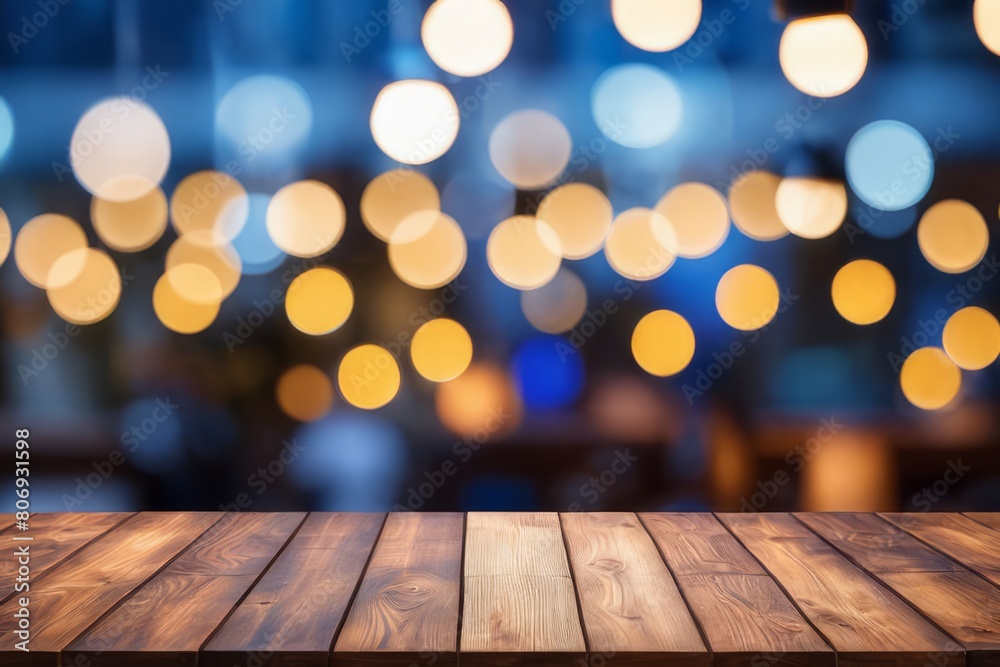 A minimalist wooden table stands in the foreground, as the warm bokeh lights twinkle in the blurred background of the restaurant.