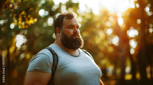 Portrait of a thoughtful, bearded, overweight man in a park during sunset with golden light and blurred background. photo