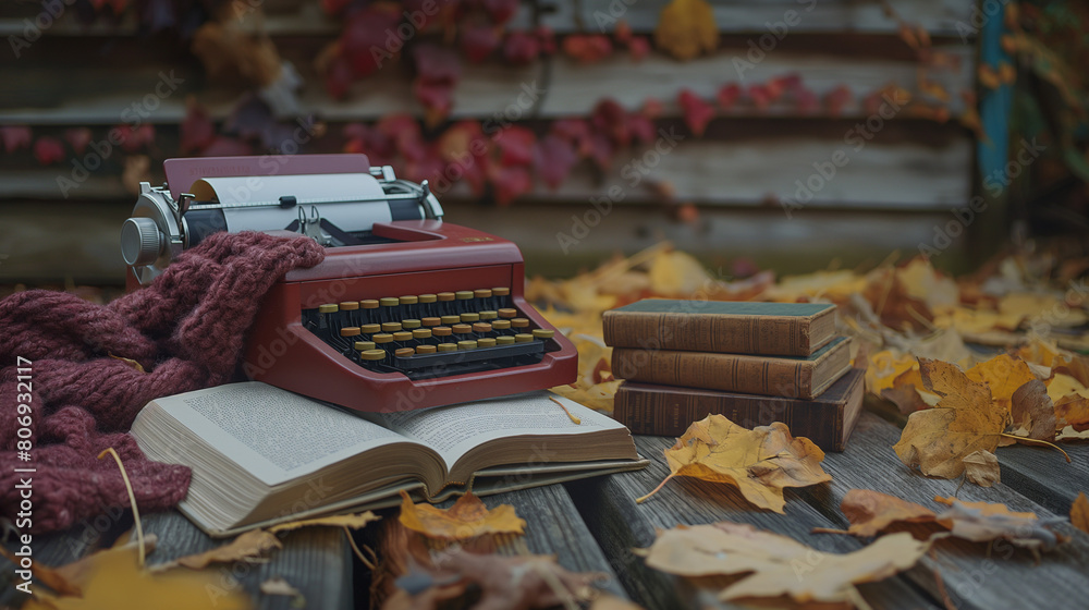 Vintage typewriter, open book, and fresh flowers on a rustic desk with a window view of autumn scenery