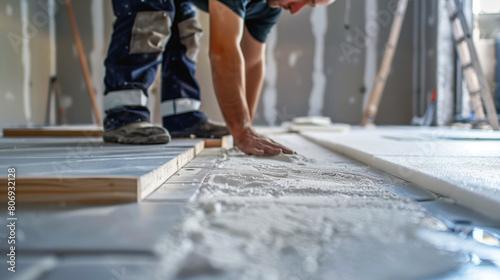 Construction worker installing insulation boards on a floor in a bright room, showing detail and precision. © Natalia