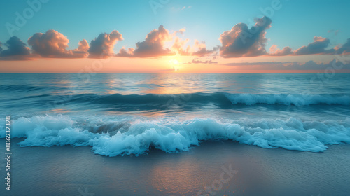 Majestic ocean sunrise with waves and cloudy sky