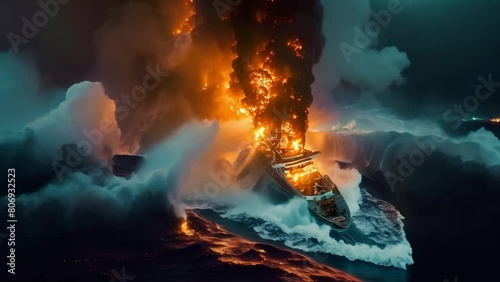 Ocean Liner Ship in Flames: Tragic Maritime Incident in Turbulent Seas. Concept Maritime Disaster, Fire at Sea, Tragedy at Sea, Ocean Liner Accident, Turbulent Seas photo